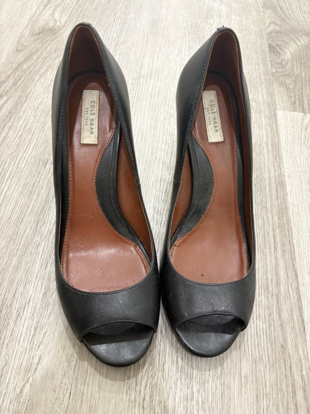 Cole Haan Black Leather Peep-Toe Pumps